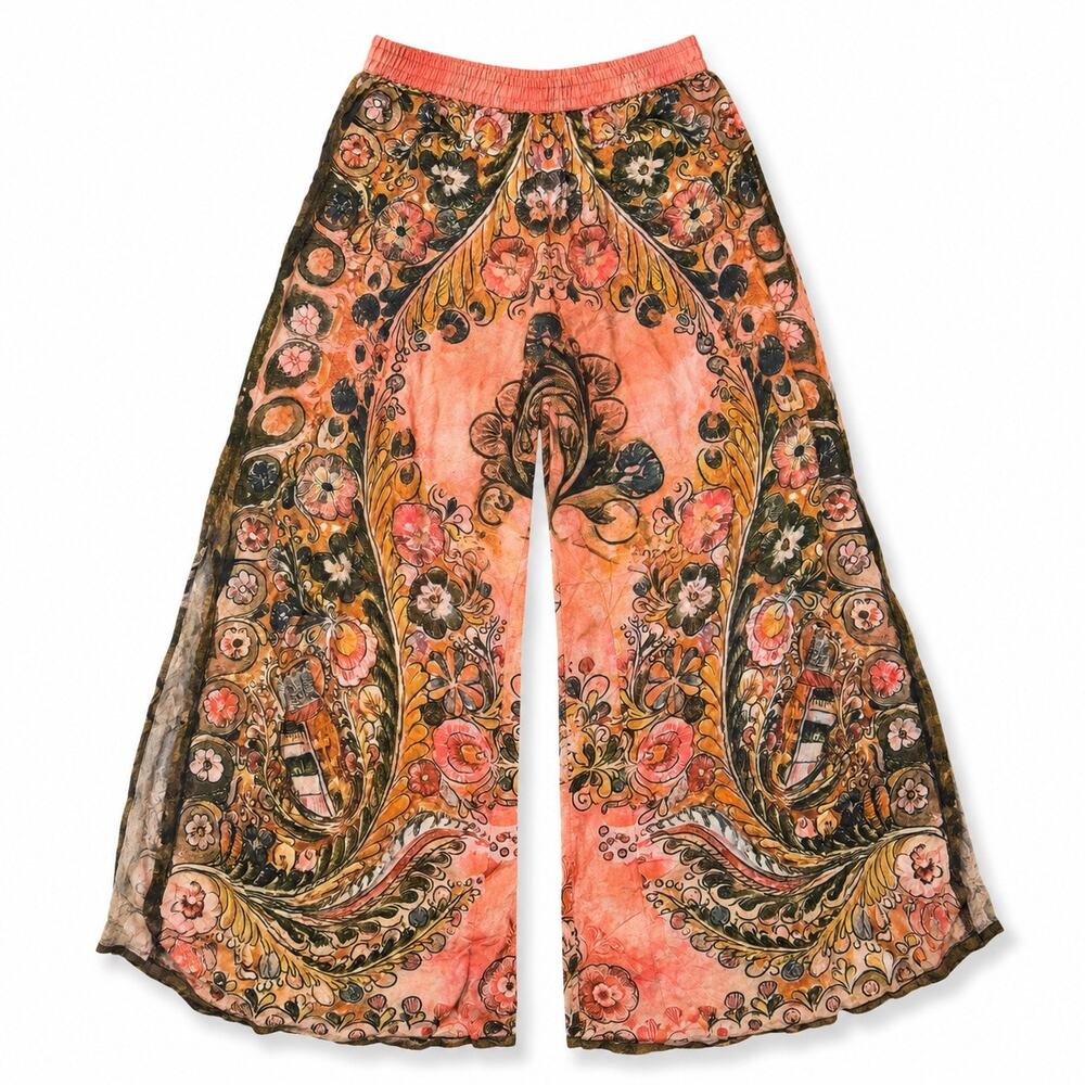 Natural Life Boho Floral Wide Leg Pants Small Coral Palazzo Elastic Waist